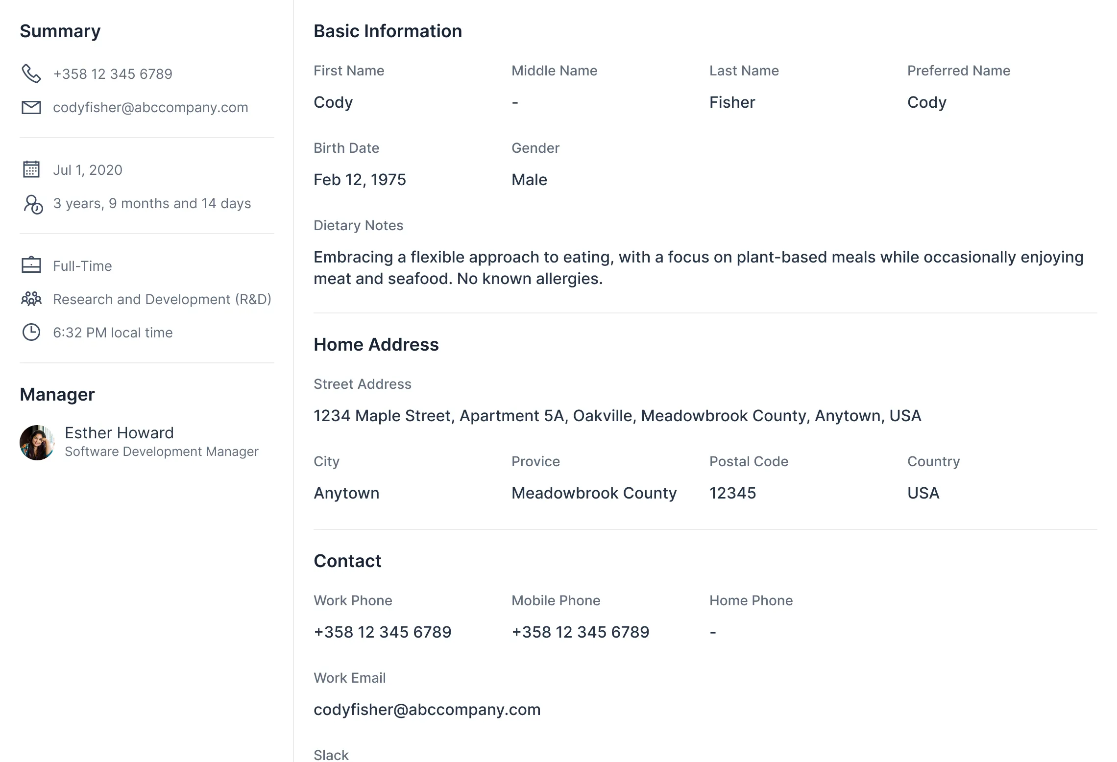 A mock-up of a content area containing an employee’s contact information